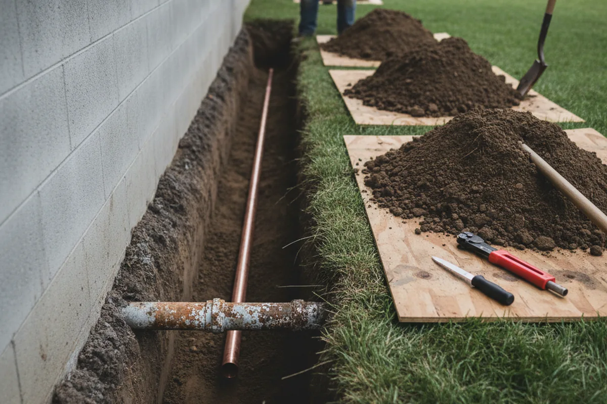 Excavated water line trench during Sewer Line Repair in Jonesville